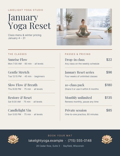 Letter menu / price list size of January Yoga Reset