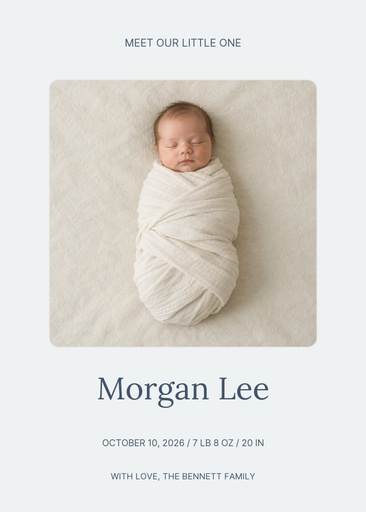Portrait birth announcement size of Meet Our Little Morgan