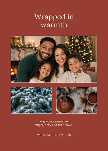 5 × 7 holiday card size of Wrapped in Warmth