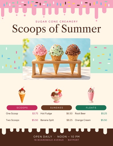 Letter menu / price list size of Scoops of Summer