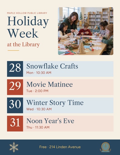 Letter flyer size of Holiday Week at the Library