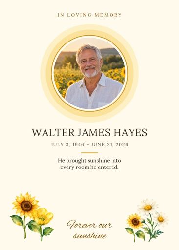 Remembrance card size of Forever Our Sunshine