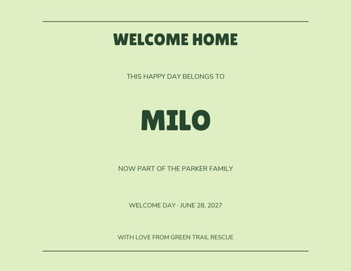 Keepsake certificate size of Milo Finds Home