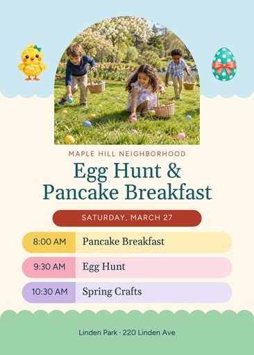 5 × 7 invitation size of Neighborhood Egg Hunt and Pancake Breakfast