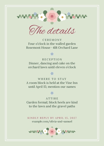 Details card size of Garden Party Vows