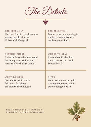 Details card size of Vows Among the Vines