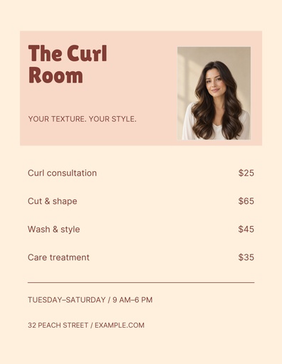 Letter menu / price list size of The Curl Room