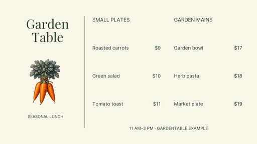 Digital menu board size of Garden Table