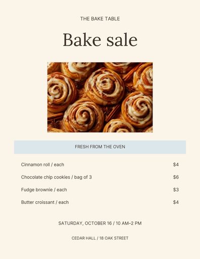 Letter menu / price list size of The Bake Table