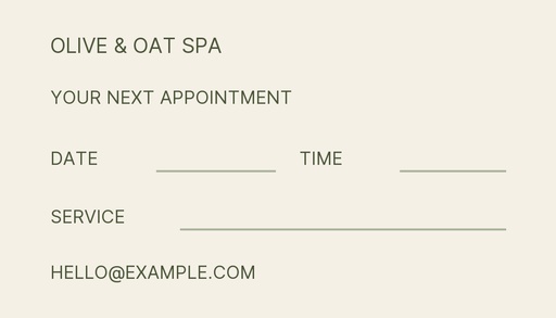 Appointment card size of Olive & Oat Spa