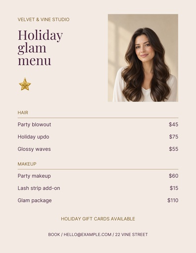 Letter menu / price list size of Holiday Glam Studio