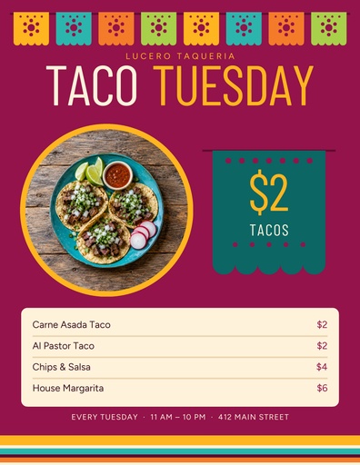 Letter menu / price list size of Taco Tuesday Specials