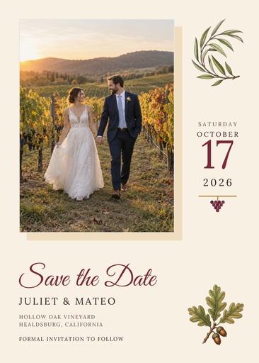 Save the date size of Vows Among the Vines