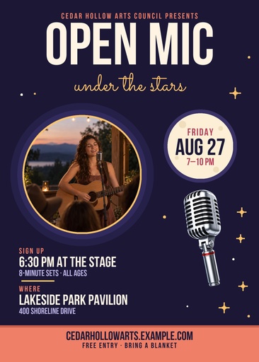 5 × 7 invitation size of Open Mic Under the Stars