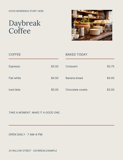 Letter menu / price list size of Daybreak Coffee