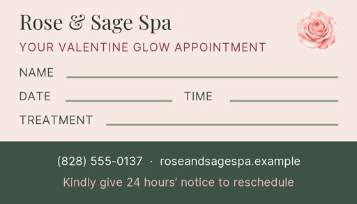 Appointment card size of The Valentine Glow Menu
