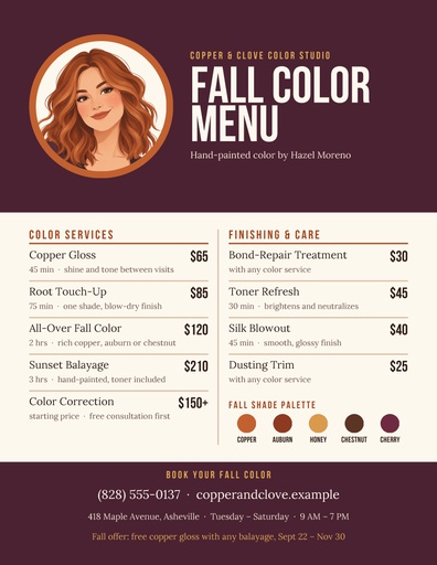 Letter menu / price list size of Autumn Color Studio