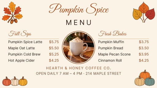 Digital menu board size of The Pumpkin Spice Menu