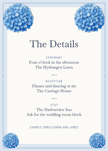 Details card size of Blue Hydrangea Wedding