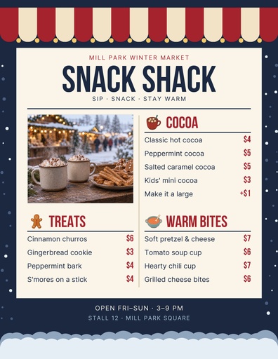 Letter menu / price list size of Winter Market Snack Shack