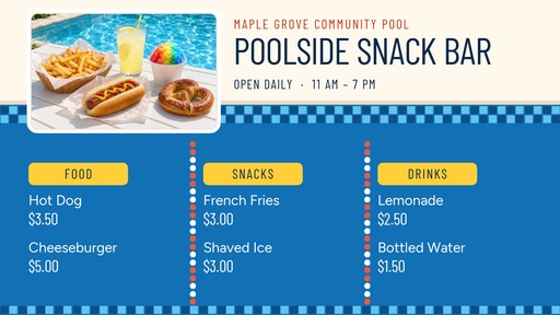 Digital menu board size of The Poolside Snack Bar