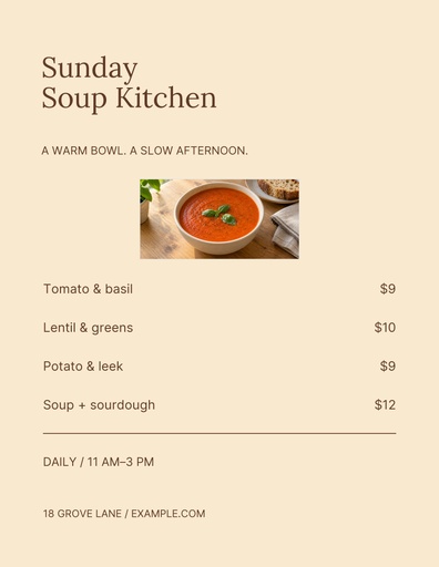 Letter menu / price list size of Sunday Soup Kitchen