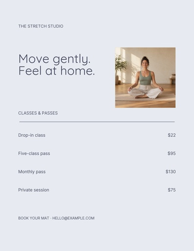 Letter menu / price list size of The Stretch Studio