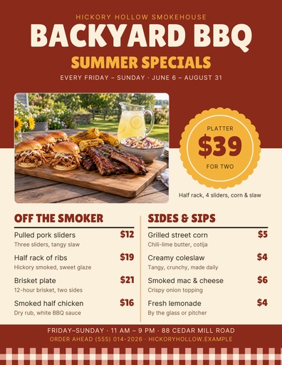 Letter menu / price list size of Backyard BBQ Specials