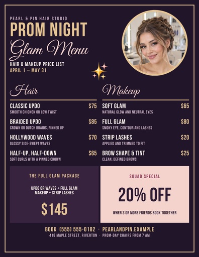 Letter menu / price list size of Prom Night Glam