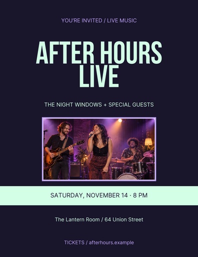 Letter flyer size of After Hours Live
