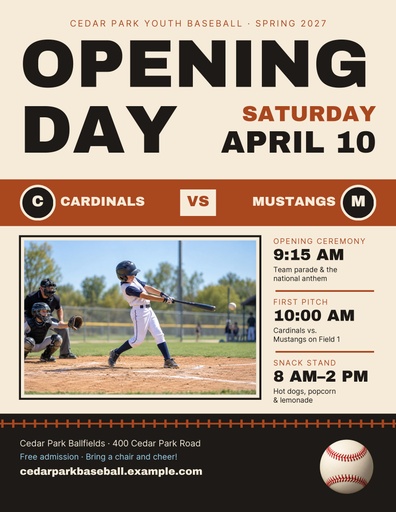 Letter flyer size of Opening Day at Cedar Park