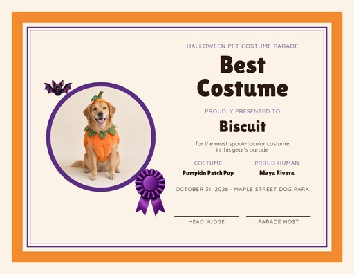 Keepsake certificate size of Pet Costume Parade