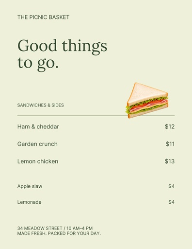 Letter menu / price list size of The Picnic Basket
