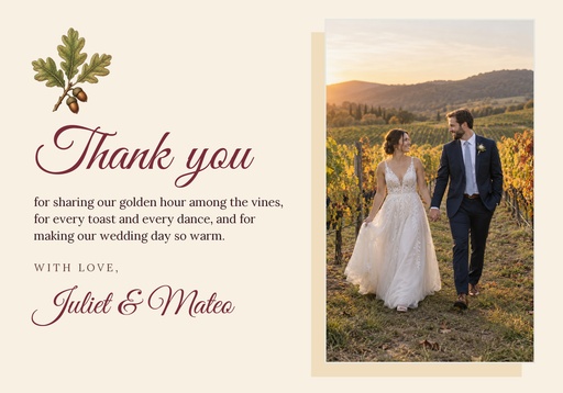 Thank-you card size of Vows Among the Vines