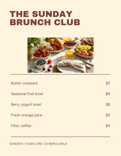 Letter menu / price list size of The Sunday Brunch Club