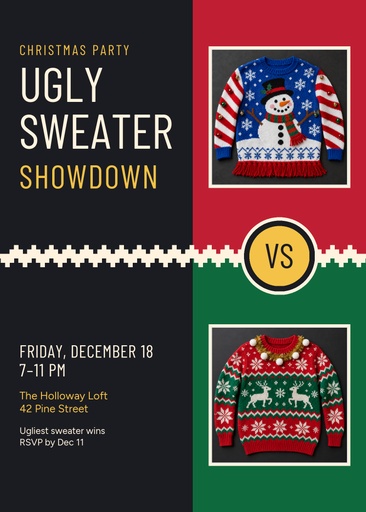 5 × 7 invitation size of Ugly Sweater Showdown