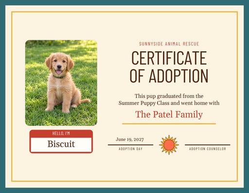 Keepsake certificate size of Meet the Summer Puppy Class