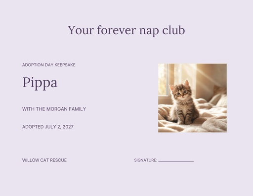 Keepsake certificate size of The Cat Nap Club