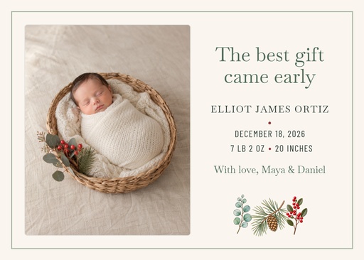 7 × 5 birth announcement size of The Best Gift Came Early