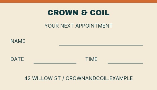 Appointment card size of Crown and Coil Studio