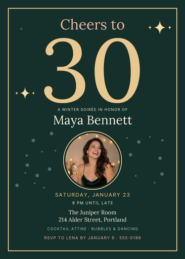 5 × 7 invitation size of Cheers to Thirty