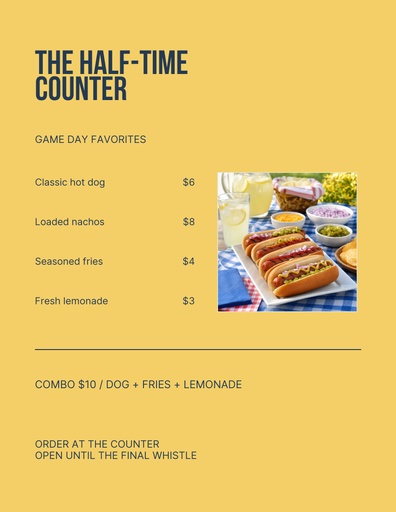 Letter menu / price list size of The Half-Time Counter