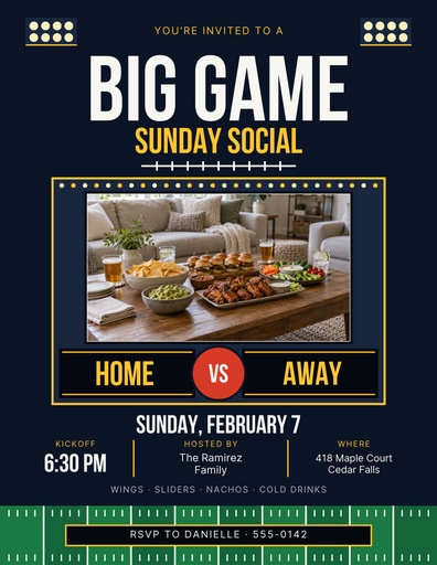 Letter flyer size of Big Game Sunday Social