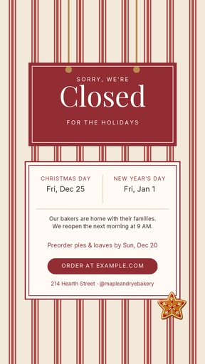 Story call to action size of Our Holiday Hours