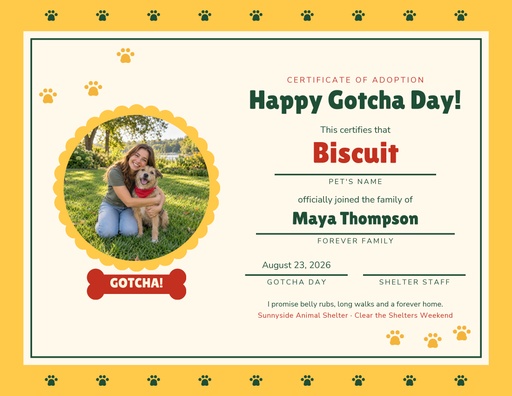 Keepsake certificate size of Clear the Shelters Weekend