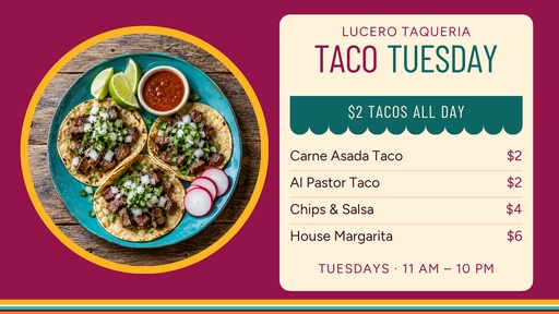 Digital menu board size of Taco Tuesday Specials