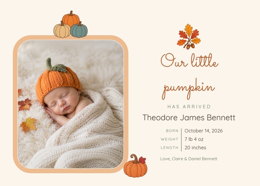 7 × 5 birth announcement size of Our Little Pumpkin Has Arrived