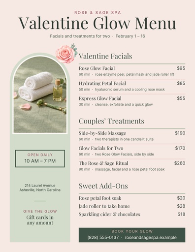 Letter menu / price list size of The Valentine Glow Menu
