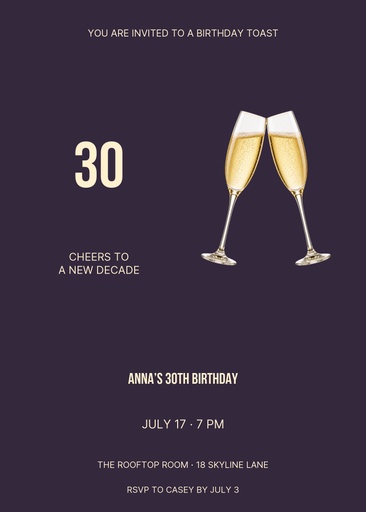 5 × 7 invitation size of Toast to Thirty