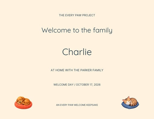 Keepsake certificate size of A Home for Every Paw